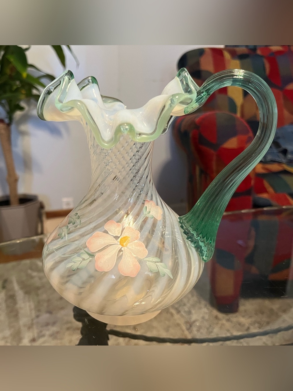 Fenton Art Glass MEADOW BEAUTY Pitcher Opalescent Swirl Sea Mist Green Trim